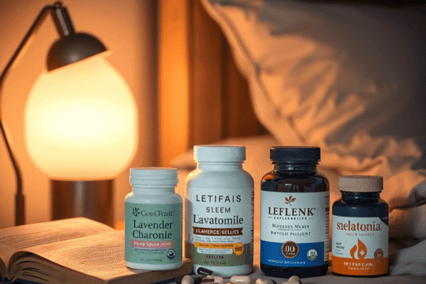 A nighttime scene with lavender, chamomile, melatonin capsules, a glowing bedside lamp, and an open book, creating a peaceful and restful atmosphere.