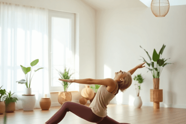 A peaceful yoga studio with soft light, a woman practicing gentle yoga on a mat, surrounded by calming plants and minimalistic decor.