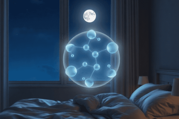 A serene bedroom at night with soft moonlight, featuring a subtle glowing pineal gland or melatonin molecule symbolizing natural sleep and calm.
