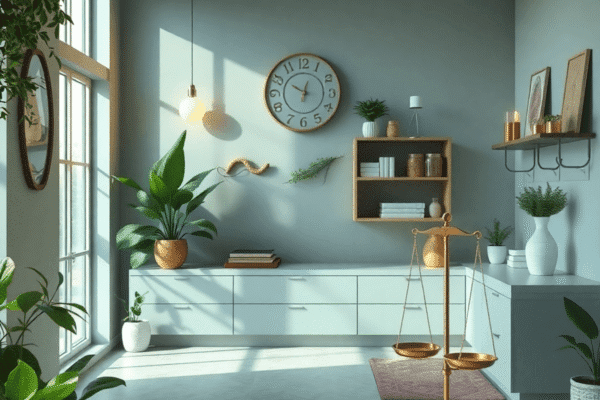 A serene holistic doctor's office with plants, soft lighting, stethoscope, herbal remedies, and a balanced scale symbolizing mind, body, and spirit...