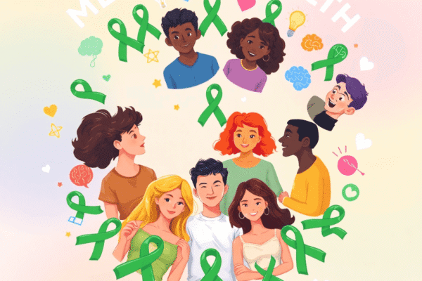 A vibrant illustration of people in a supportive circle with green ribbons, hearts, brains, and light bulbs symbolizing Mental Health Awareness Month.