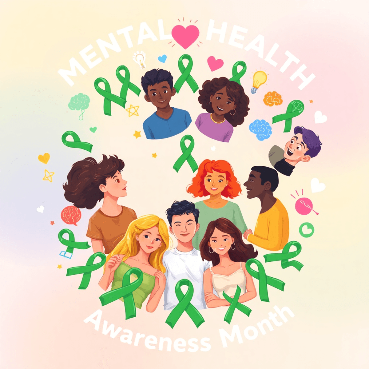 A vibrant illustration of people in a supportive circle with green ribbons, hearts, brains, and light bulbs symbolizing Mental Health Awareness Month.