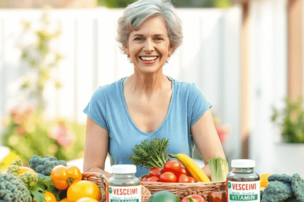 A vibrant woman over 50 smiling outdoors by a wooden table with fresh fruits, vegetables, and multivitamin bottles, symbolizing wellness and vitality.