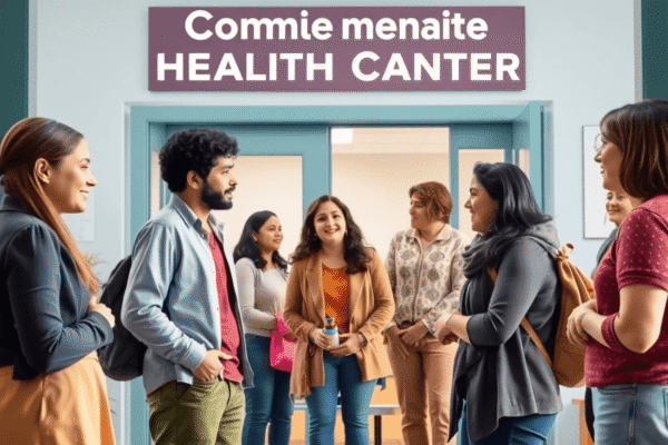 A welcoming community health center with diverse people engaged in supportive conversation, symbolizing free mental health services and accessible ...