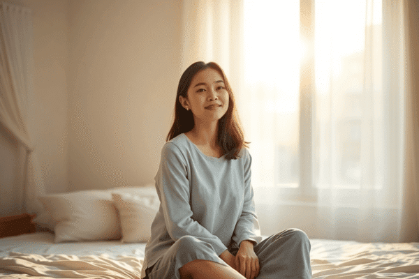 A woman sitting calmly on her bed with soft sunlight filtering through the window, smiling peacefully in a serene morning bedroom scene.