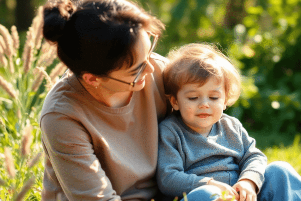 A young child sitting peacefully with a caring parent in a bright, green natural setting with soft sunlight, symbolizing calm and holistic wellness.
