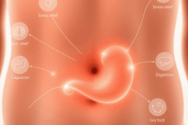 Close-up of a calm stomach with glowing lines showing gut-brain connection, surrounded by icons of stress relief and healthy digestion in soft, soo...