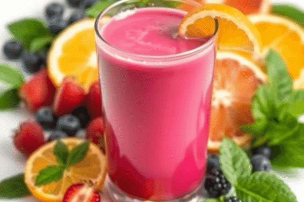 Close-up of a glass collagen drink surrounded by berries, citrus fruits, and leafy greens on a white background, symbolizing health and wellness.