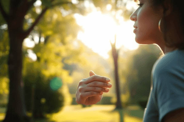Close-up of a woman practicing deep breathing outdoors with soft sunlight filtering through trees, symbolizing natural blood pressure and heart hea...