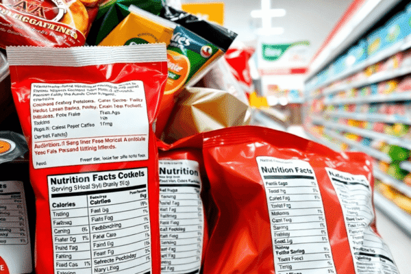 Close-up of assorted packaged foods with clear nutrition labels showing serving size, calories, and nutrients, set in a bright grocery store backgr...