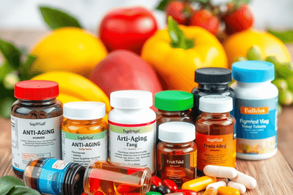 Close-up of colorful anti-aging supplements and vitamins on wood, with fresh fruits and green leaves in the background symbolizing health.