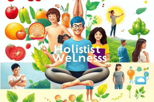 Collage of holistic wellness symbols including fresh fruits, exercise gear, meditation pose, smiling people, calm nature scenes, coins, work-life i...