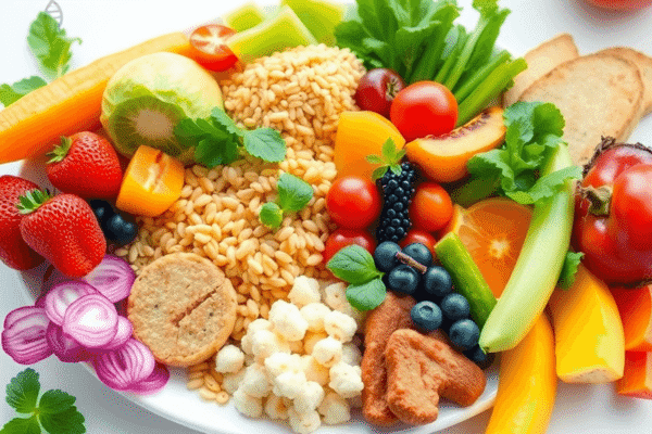 Colorful balanced meal with fruits, vegetables, grains, and plant proteins on a white plate, with subtle scientific icons in the background.
