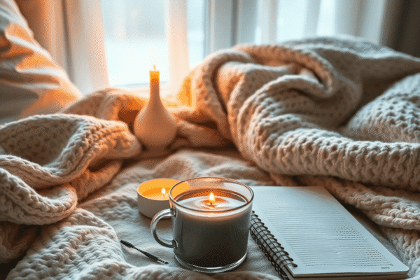 Cozy home scene with a lit candle, herbal tea, journal, and soft blankets, creating a relaxing and inviting atmosphere.