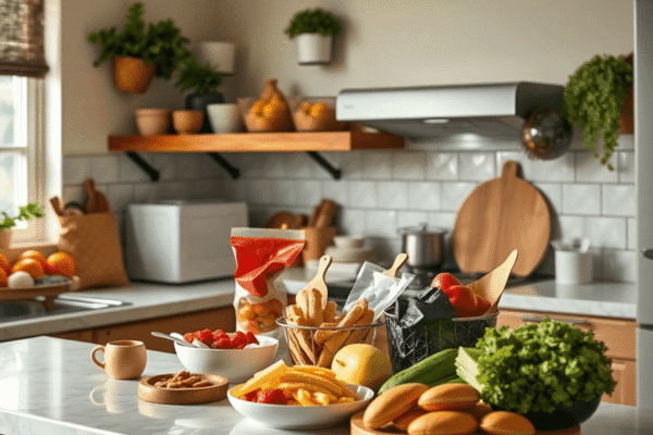 Cozy kitchen with healthy snacks and nutritious foods on the counter, creating a calm and comforting atmosphere.