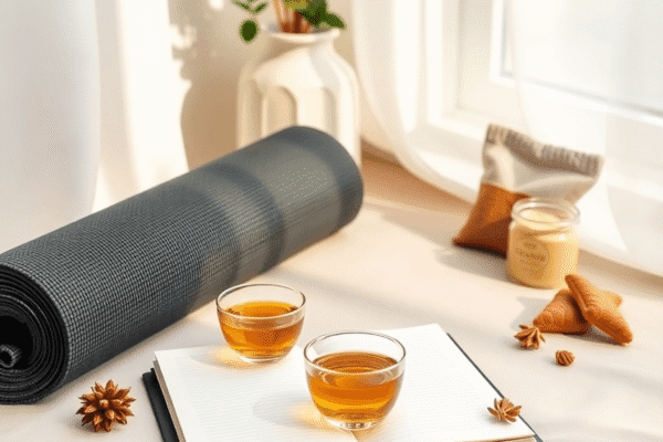 Cozy self-care space with soft natural light, a journal, herbal tea, yoga mat, and healthy snacks arranged neatly for wellness and mindfulness.