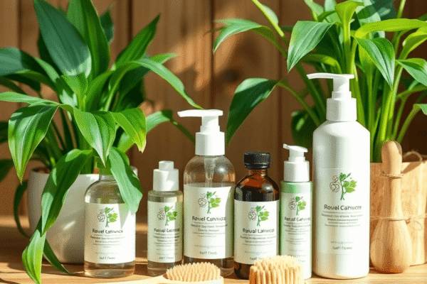 Eco-friendly wellness products including natural skincare bottles, bamboo brushes, and green plants on a wooden surface in a bright, inviting setting.