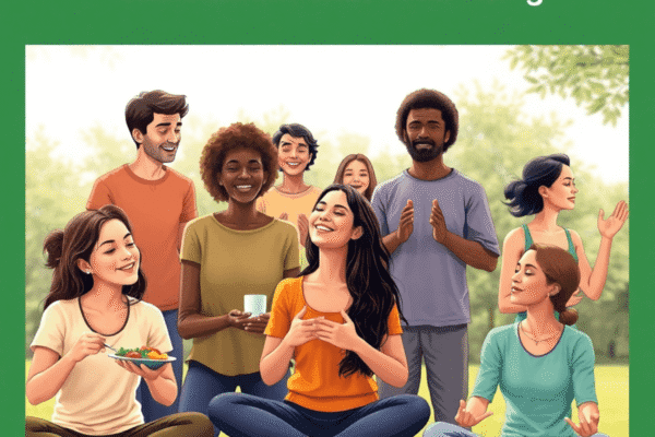 Group of people outdoors enjoying balanced meals, exercising, and meditating, depicting holistic health and emotional well-being in a calm, realist...