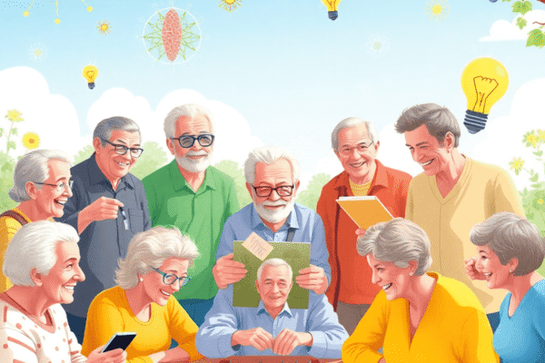 Happy seniors outdoors playing chess, painting, and exercising, surrounded by brain health symbols like neural networks and lightbulbs.
