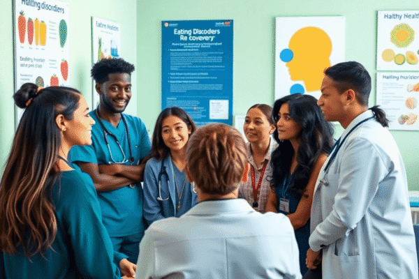 Healthcare professionals in a bright clinic discussing eating disorder recovery with educational posters on nutrition and mental health on the walls.
