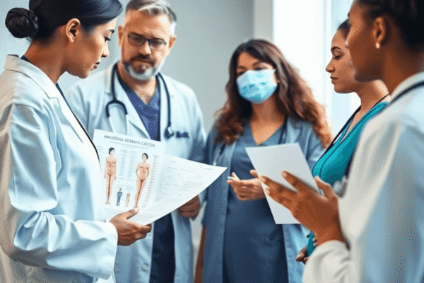 Healthcare professionals reviewing anorexia nervosa charts and body measurements in a calm, softly lit clinical setting.
