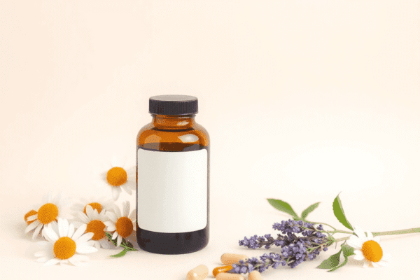 Herbal supplements with chamomile flowers and lavender on a soft pastel background, evoking calm and holistic wellness.