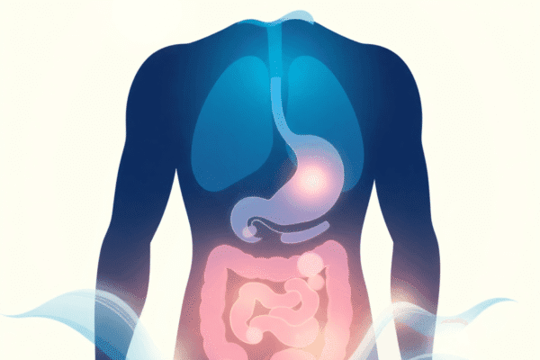 Human silhouette with glowing digestive system amid soft waves, symbolizing stress relief and the mind-gut connection on a light background.