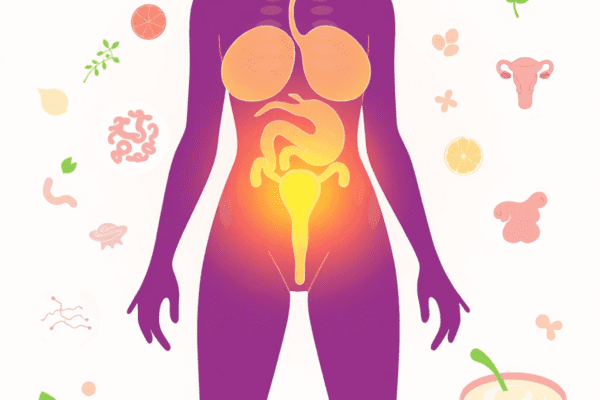 Illustration of a healthy female silhouette with glowing gut and vaginal areas, surrounded by probiotic bacteria icons, leaves, and yogurt, symboli...