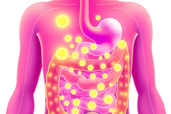 Illustration of a human digestive system with glowing probiotic bacteria inside the gut, symbolizing health and balance, on a clean light background.