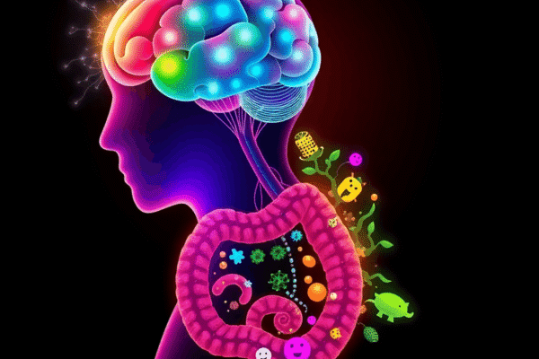 Illustration of a human silhouette with a glowing brain linked by a luminous network to a detailed gut filled with diverse, friendly microorganisms.