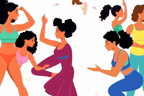 Illustration of women doing yoga, high-intensity training, power moves, and strength exercises with soft hormonal symbols and natural elements in t...
