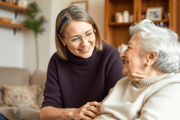 Middle-aged adult gently helping elderly parent in a cozy home, symbolizing caregiving and family support.