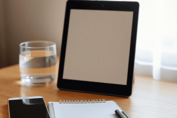 Minimalist workspace with a notebook, turned-off smartphone, glass of water, and soft natural light filtering through a window.
