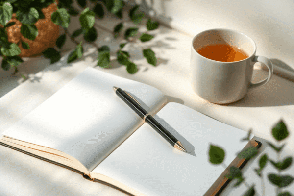 Open notebook with pen, cup of tea, soft natural light, and greenery creating a calm, inviting scene for self-reflection and mental health check-ins.