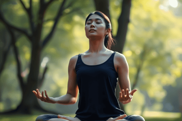 Person sitting cross-legged in meditation with eyes closed, surrounded by soft natural light filtering through trees, symbolizing tranquility and b...