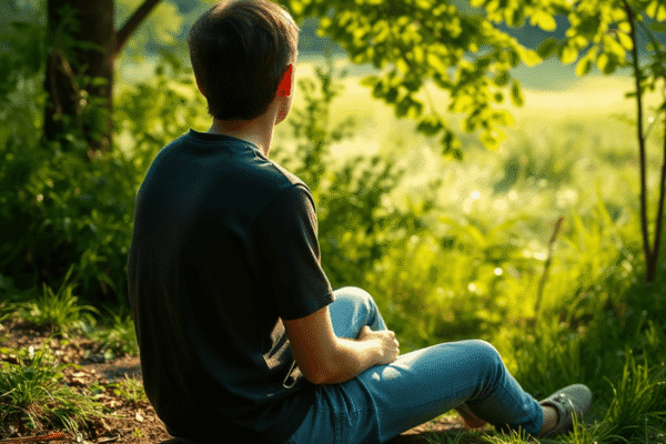 Person sitting outdoors in nature with a turned-off smartphone beside them, surrounded by greenery and soft sunlight.