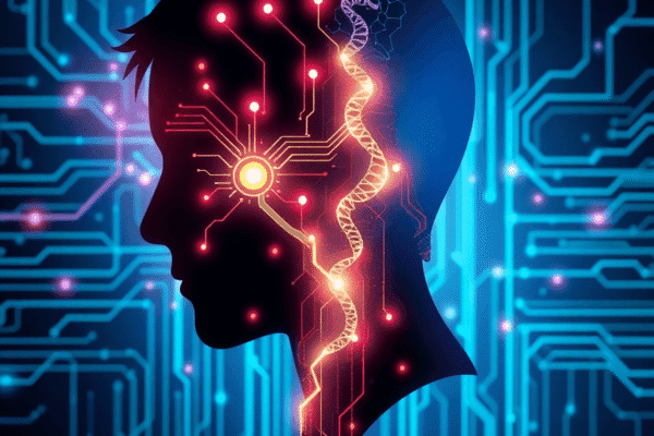 Silhouette of a human made of glowing circuits, DNA strands, and neurons on a sleek digital background symbolizing optimization and enhancement.