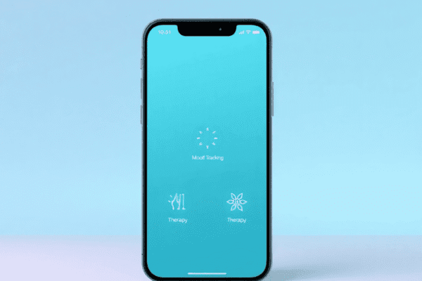 Smartphone showing a mental health app with mood tracking, mindfulness, and therapy icons on a soft gradient background.