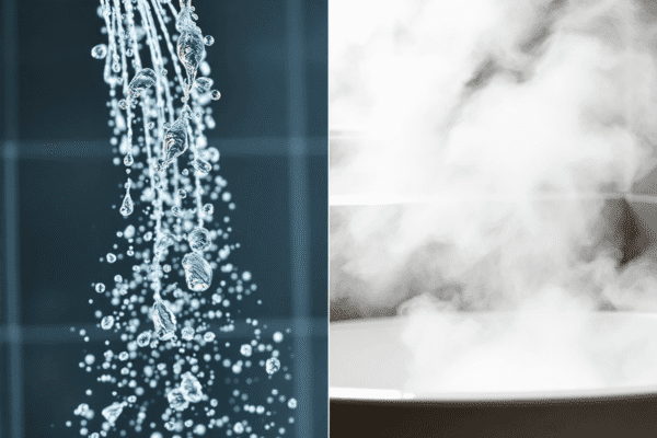 Split image of a cold shower with water droplets on one side and a warm bath with steam rising on the other, illustrating contrasting hydrotherapy ...