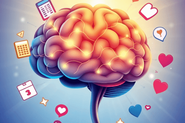 Stylized human brain with glowing neural connections, surrounded by icons of decision-making, health, and cognition on a bright, abstract light bac...