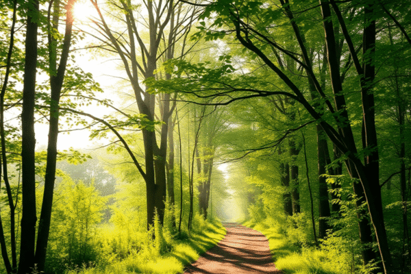 Sunlit forest trail with lush green trees and colorful birds perched on branches, creating a peaceful and refreshing nature walk atmosphere.