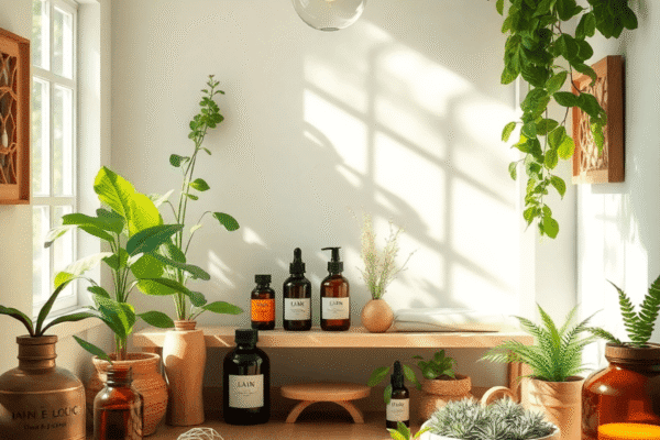 Sunlit wellness clinic with plants, essential oils, and herbal remedies creating a calm, natural atmosphere for holistic health and well-being.