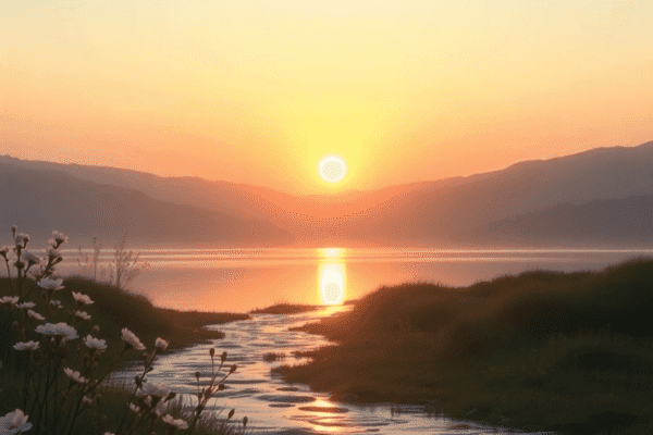 Sunrise over a calm landscape with glowing light, blooming flowers, and gentle flowing water, evoking peace, gratitude, and positivity.