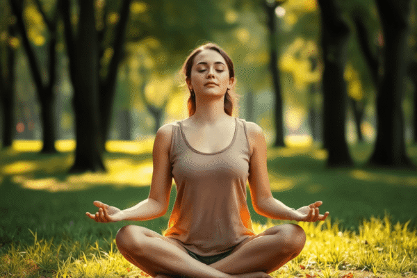 Woman meditating cross-legged in a sunlit forest, eyes closed, surrounded by trees, embodying calmness and mindfulness.