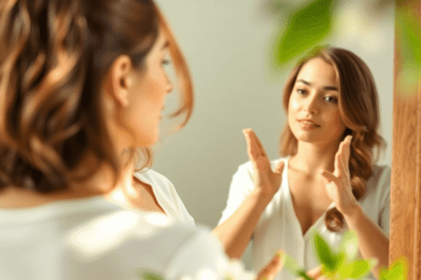 A calm woman practicing positive affirmations in front of a mirror, surrounded by soft natural light and gentle greenery, symbolizing mental well-b...