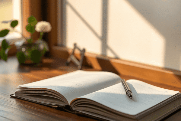 A calm workspace with an open journal, pen, and soft natural light highlighting a serene atmosphere for journaling.