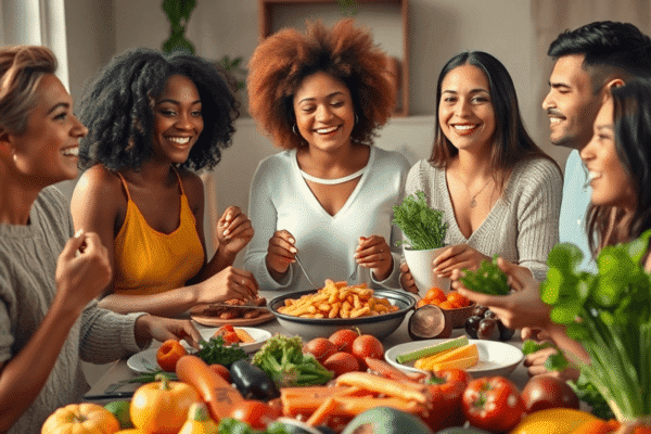 A group sharing a balanced meal with fresh fruits and vegetables in a calm, inviting setting, symbolizing intuitive eating and wellness.