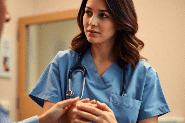 A healthcare professional gently holding a patient's hand in a warm, softly lit clinical setting, conveying care and empathy.