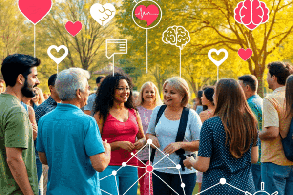 A lively community gathering in a sunny park with people engaging in supportive activities, surrounded by heart, brain, and connected hands symbols...