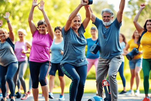 A lively outdoor scene with people of various ages doing functional fitness exercises like squats, overhead reaches, and carrying weights against a...